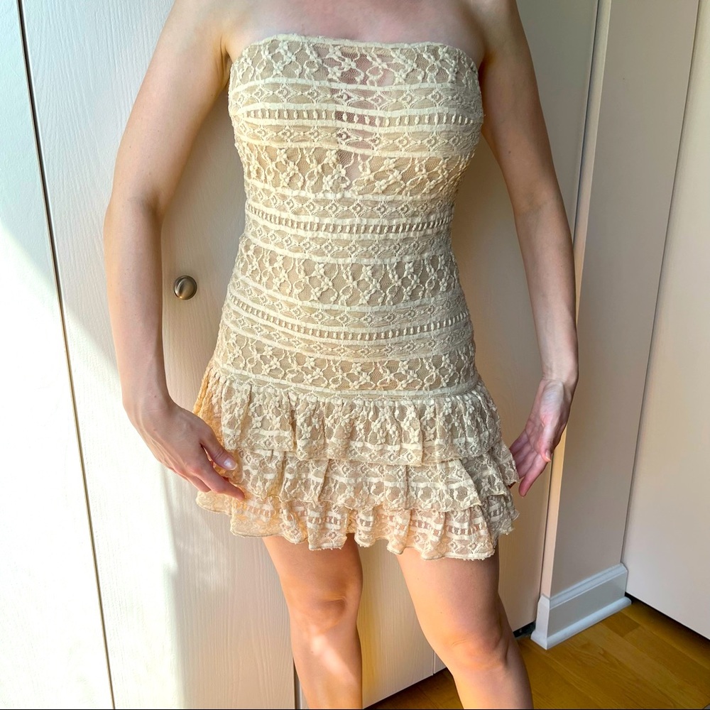 SOLD. Strapless Lace Mini Dress